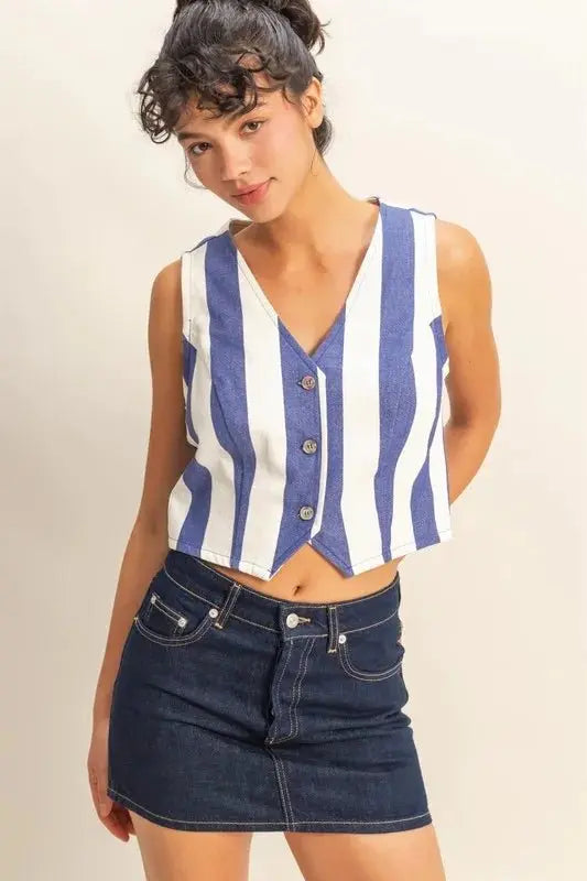 HYFVE Woven Striped V-Neck Button Down Vest for Women - Love Salve